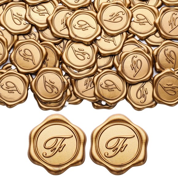 Pegatinas con sello de cera Yoption Initial Alphabet F, paquete de 100 unidades, doradas