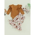 thumbnail image 4 of Seyurigaoka Newborn Baby Girl 3Pcs Pants Clothes Outfits Ribbed Ruffle Long Sleeve Knit Romper Tops + Cow Print Flared Pants + Bowknot Headband Set, 4 of 8