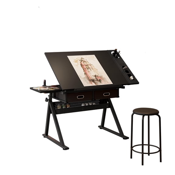 Drafting Table for Artists, Height Adjustable Drawing Desk Art/Craft Desk, Diamond Paintings Work Station, Medium Density Fiberboard, with 2 Storage Drawers and Stool for Home Office School