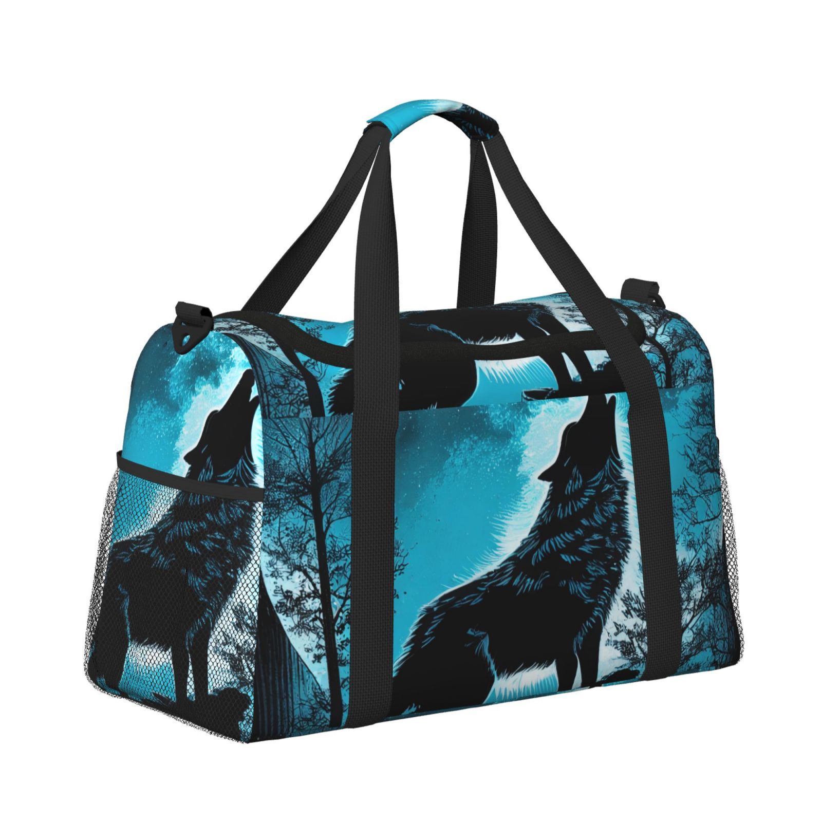 Kuqiui Blue Full Moon Wolf Print Foldable Travel Duffel Bag Tote Carry on Luggage Bag Personal item Sports Gym Bag Water Resistant Weekender Overnight Bags for Women and Men
