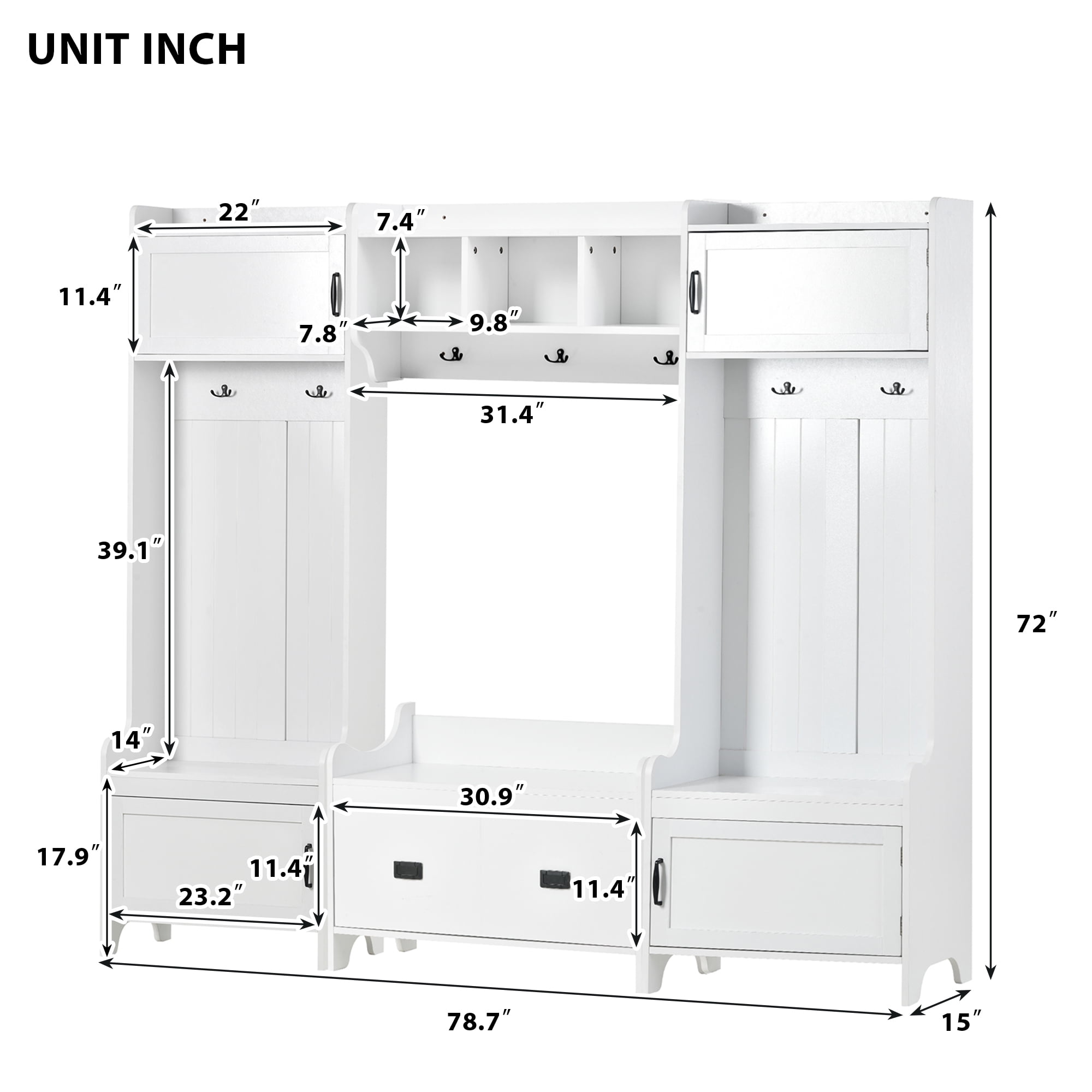 MAYEERTY Modern 4-in-1 Hallway Coat Rack: Bench, Storage Drawer, 7 Hooks, White