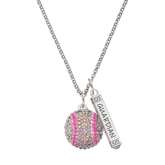 Delight Jewelry Silvertone Large Super Sparkle Crystal Pink AB Softball Silvertone Guardian Angel Bar Charm Necklace, 23"