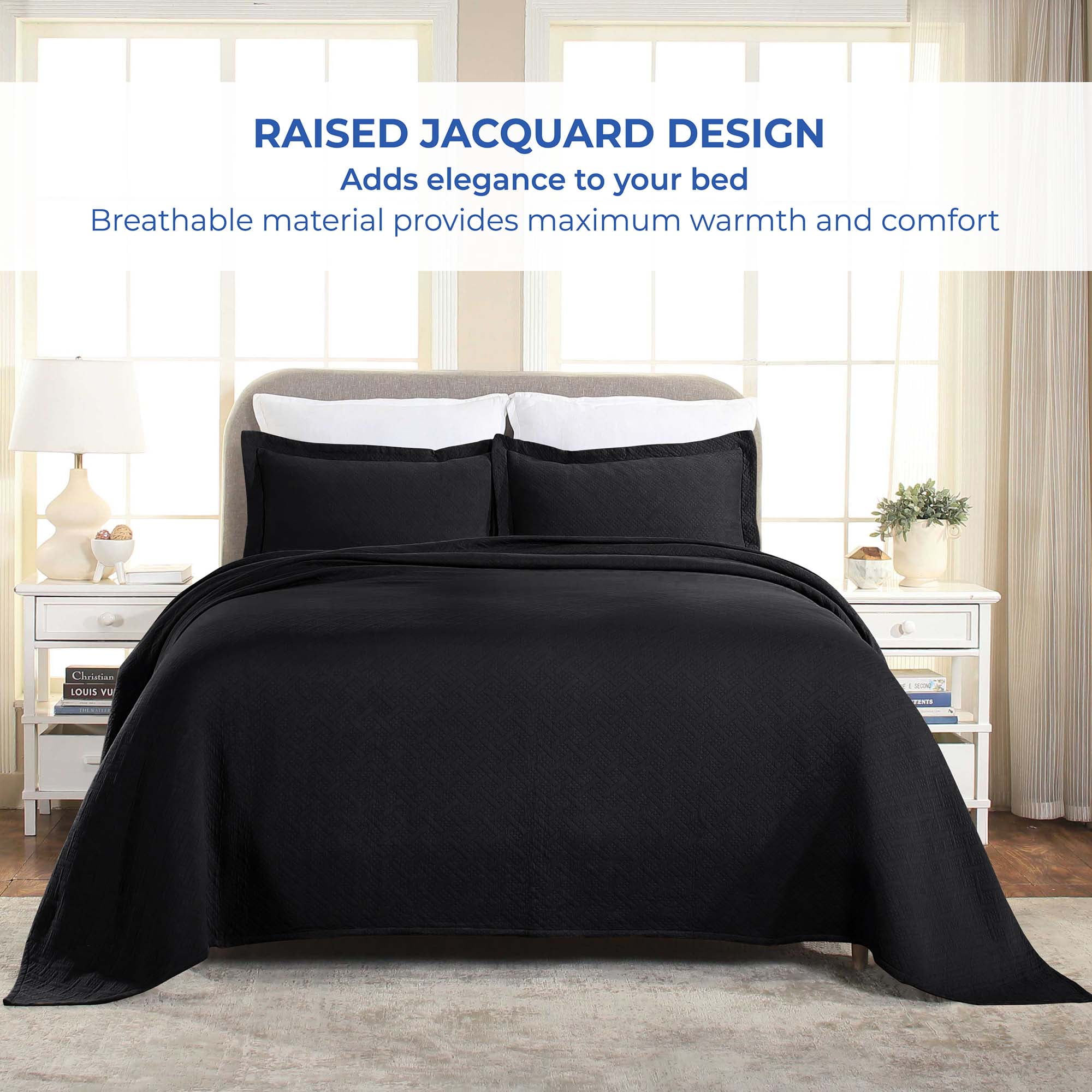 Superior Basket Weave 2 Piece Decorative Cotton Bedspread, Lightweight Bedding Set, Twin Size, Black