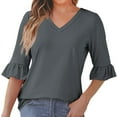 thumbnail image 2 of ALLLIST Bell Sleeve Womens Tops V-Neck Summer Blouse Fashion Gray Solid Ruffle Pullover Womens Clothing, 2 of 7