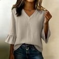 thumbnail image 2 of ClodeEU Women's V Neck 3/4 Flare Sleeve Blouse,Casual Solid Color Ruffle Cuff Top Beige,Women's Plus XL, 2 of 8