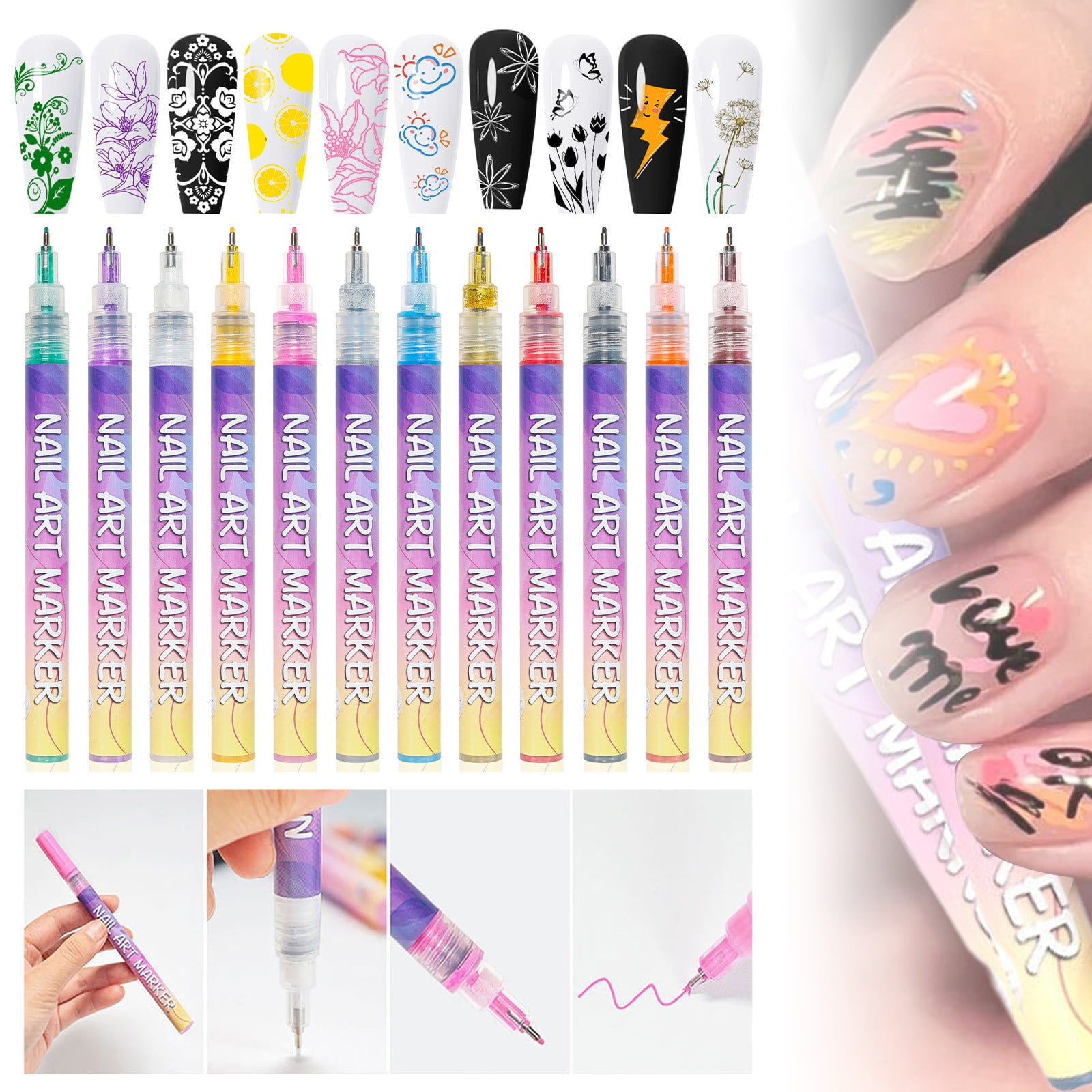 12Pcs Nail Art Pens Set for Intricate Design Quick Dry Nail Polish Pen for DIY Drawing Acrylic Gel Nail Accessories Nail Pen for Professional Nail Art Tools & Home Use Varnish Pens for Women (A)
