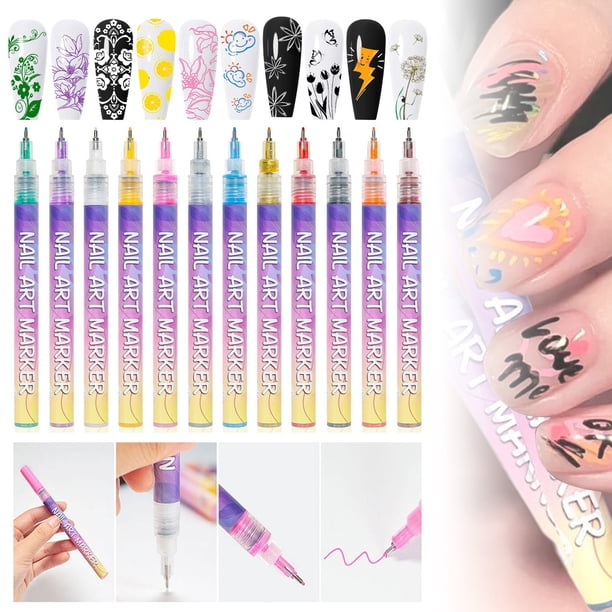 Rotuladores para uñas en 12 colores. Rotuladores finos de gel para manicura. Bolígrafos de punta fina para pintar las uñas (10 ml)