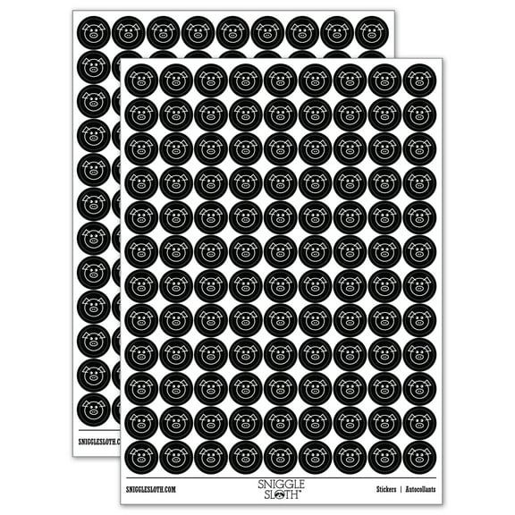 Cute Pig Face 200  Round Stickers - Black - Gloss Finish - 0.50" Size
