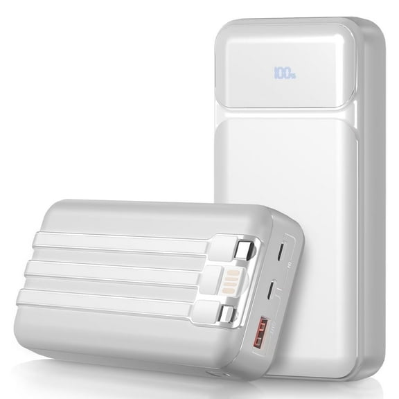 49800mAh Power Bank with Built in Cables, 22.5W Fast Charging Portable Charger, 4 Outputs 3 Inputs Led Display Battery Pack, Travel Essentials Phone Charger Compatible for iPhone/iPad/Samsung, White