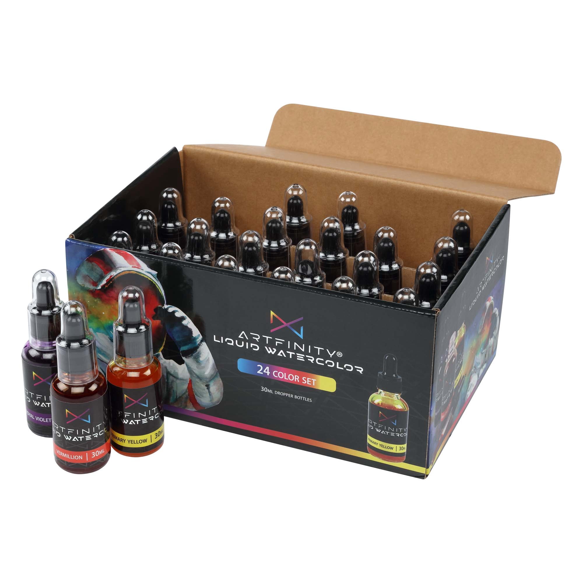 Artfinity Liquid Watercolor Paint 30 ml Bottles, Set of 24 Colors - Vibrant Dye-Based Liquid Watercolor w/ Glass Pipette, Fast-Drying, Fine Art Paint for Calligraphy, Airbrushing & Traditional Art