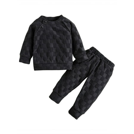 

Chollius Infant Baby Boys Girls 2Pcs Outfits Solid color Round Neck Long Sleeve Checkerboard Textured Button Collar Pullover Tops Elastic Pants Spring Fall Winter Set