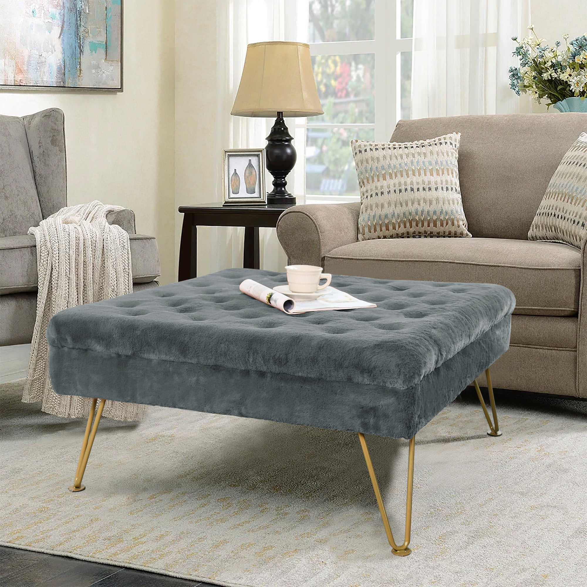 Home Soft Things Rabbit Faux Fur Coffee Table Ottoman Gray Flannel
