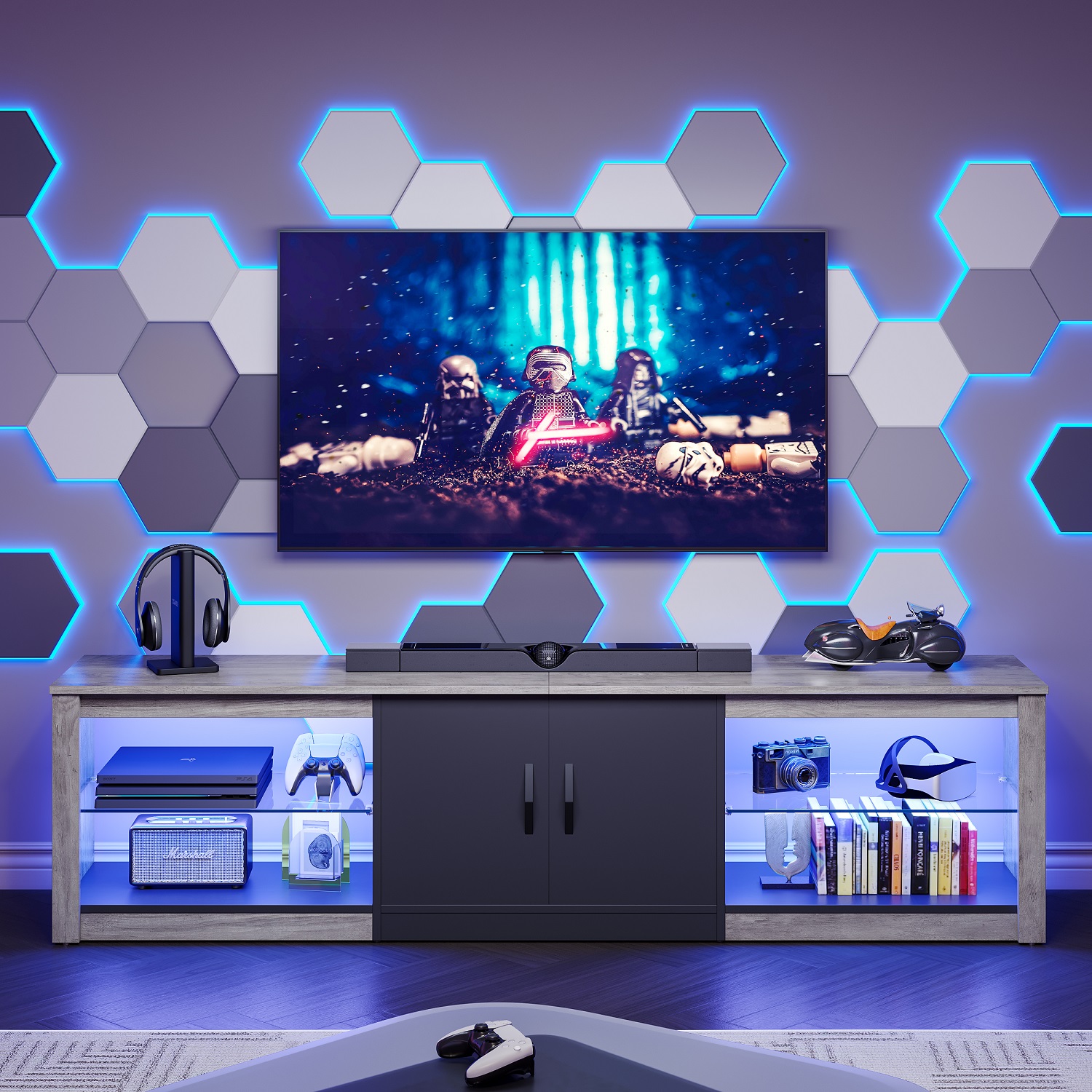 Bestier 70" TV Stand with LED Lights, Wash Grey photo 5