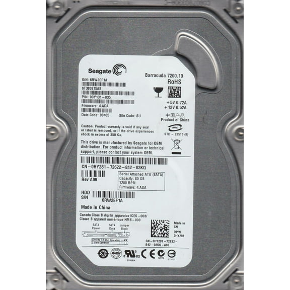 ST380815AS, 6RW, SU, PN 9CY131-035, FW 4.ADA, Seagate 80GB SATA 3.5 Hard Drive
