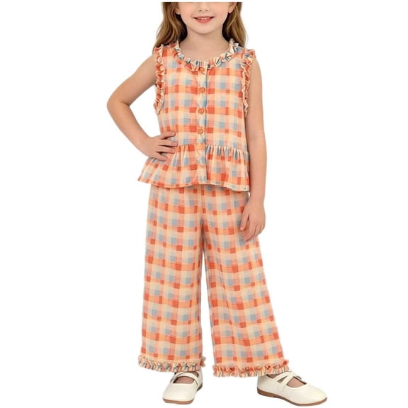 FRSASU Girls Summer Plaid 2 Piece Outfits Elegant Ruffle Peplum Tank Tops with Wide Leg Pants Matching Sets Orange-A
