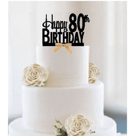 Item#080CTGR - Happy 80th Birthday Elegant Cake Decoration Topper with Gold Bow
