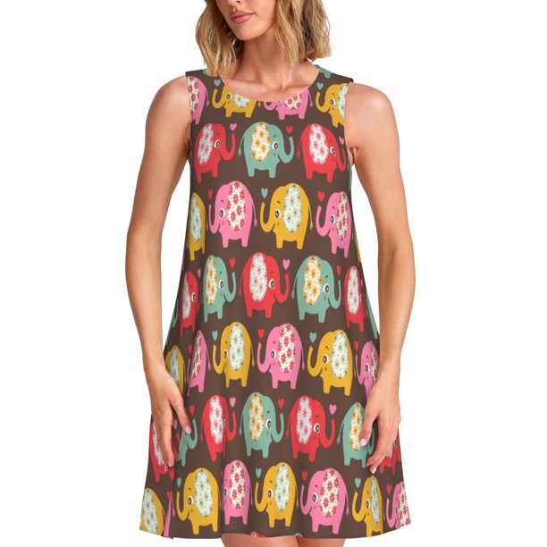 Easygdp Cute Elephants para Vestido Transpirable de Mujer, Vestido Suelto de Manga Corta con Pliegues y Bolsillos para el Verano