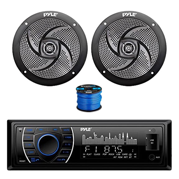Pyle PLRMR27BTB Bluetooth Marine AM/FM Stereo Receiver, 2x 5.25" 180 Watt 2-Way Slim Low Profile Audio Speakers (Black) w/ Wire