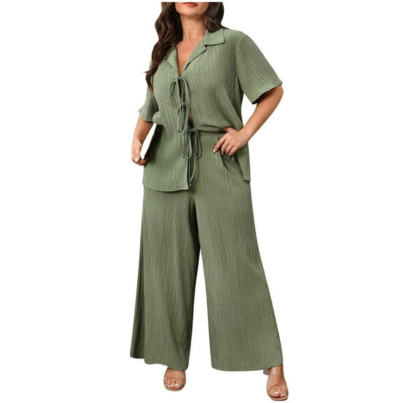 Ohufall Outfit Sets for Women Summer Lounge Set 2 Piece Outfits Loungewear Womens Short Sleeve Lapel Top with Long Pants Matching Set