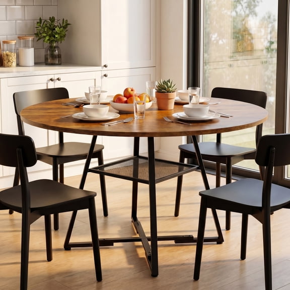 CONCETTA 47 Inch Round Dining Table for 4-6, Farmhouse Kitchen & Dining Room Table with Dual-Tier Storage Shelf, Heavy-Duty Pedestal Metal Frame, Space-Saving Circular Table for Apartment, Rust