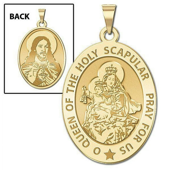 Scapular Religious Medal OVAL  - 2/3 x 3/4 inch Size of Nickel, Solid 14K Yellow Gold