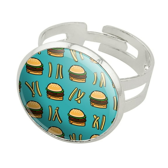 Hamburger and French Fries Pattern Silver Plated Adjustable Novelty Ring
