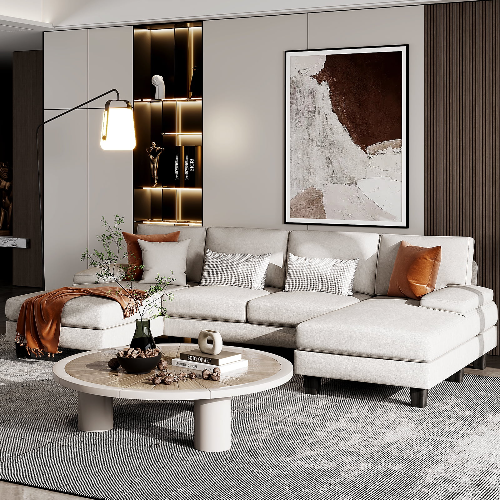 Furmax U-Shaped Sectional Sofa with Chaise, 4 Seats Chenille Fabric Sofa for Living room, White