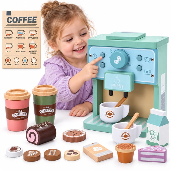 WonderStone 16-Piece Wooden Coffee Maker Toy Set, Complete Playset with Coffee Cups, Desserts, Menu & Accessories, Pretend Play Kitchen Toy for Toddlers Boys Girls Age 3 , Birthday Gift