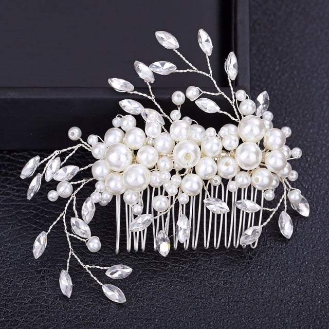 Nvzi Horquillas para el pelo de boda con flores para novias, peinetas con perlas de cristal, pinzas para el pelo, accesorios para el pelo de boda dorados, joyas, color blanco