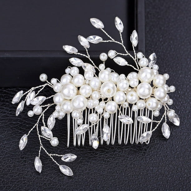 Nvzi Horquillas para el pelo de boda con flores para novias, peinetas con perlas de cristal, pinzas para el pelo, accesorios para el pelo de boda dorados, joyas, color blanco