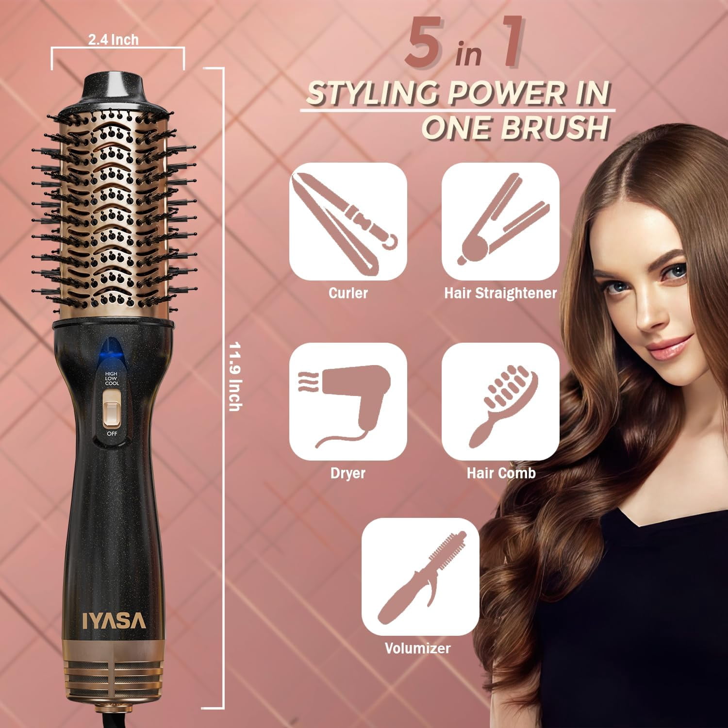 Professional Salon Blowout Dryer Brush, Small 1.5 Inch Barrel Ionic Blow Dryer Styling, Oval One-Step Hair Volumizer, Anti-Frizz Straightening for All Hair Types, Black
