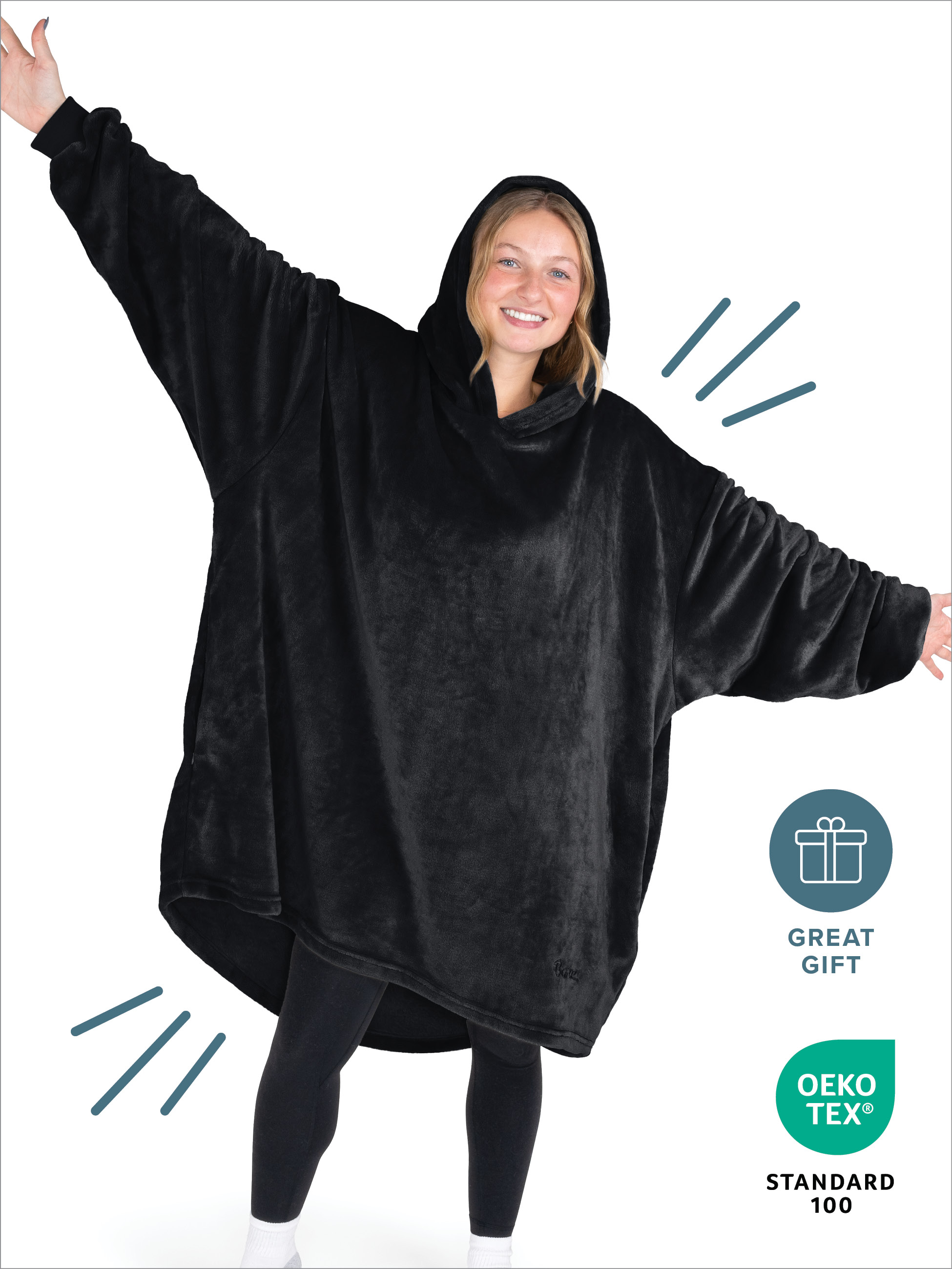 Bare Homey Adult Size Microplush Wearable Blanket - Zipper Side Pockets - Warm - Velvety Soft, Black