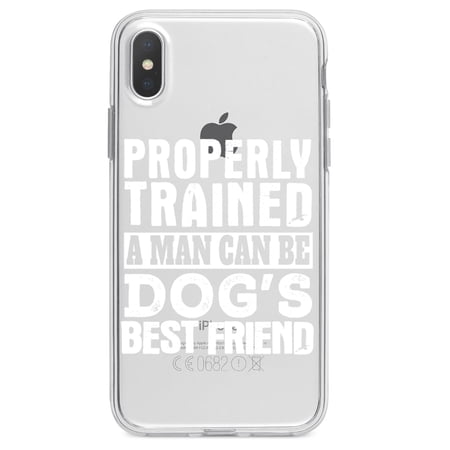DistinctInk Clear Shockproof Hybrid Case for iPhone XS Max (6.5 Screen) - TPU Bumper Acrylic Back Tempered Glass Screen Protector - Properly Trained Man Dog s Best Friend