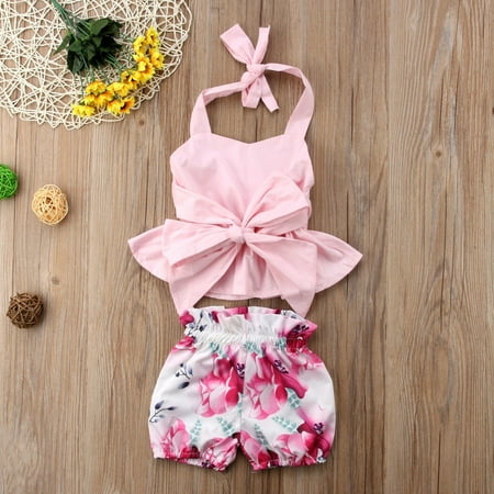 2Pcs Fashion Newborn Kids Baby Girl Bowknot Tops+Shorts Pants Outfit Clothes Set 0-2T