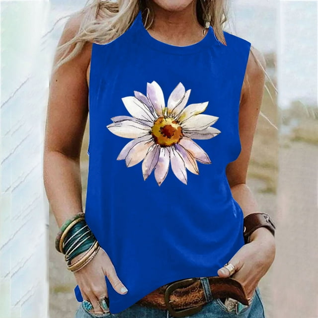 EGNMCR Camisoles pour Femmes T-Shirt d'Été Décontracté à Imprimé à Col Rond Ample Sans Manches pour Femme