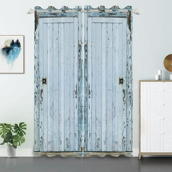 Wooden Barn Door Window Curtains Vintage Blackout Kitchen Curtains Rustic Country Farmhouse Garage Decor Light Blue Wood Planks Print Window Drapes For Living Room Bedroom 42"W x 84"L (Pack of 2)