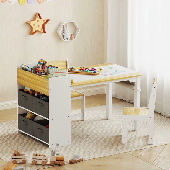 Resenkos Kids Desk & Chair Set - With Paper Roll, Activity Craft Table with Storage Shelves & Drawers, Natural Wood
