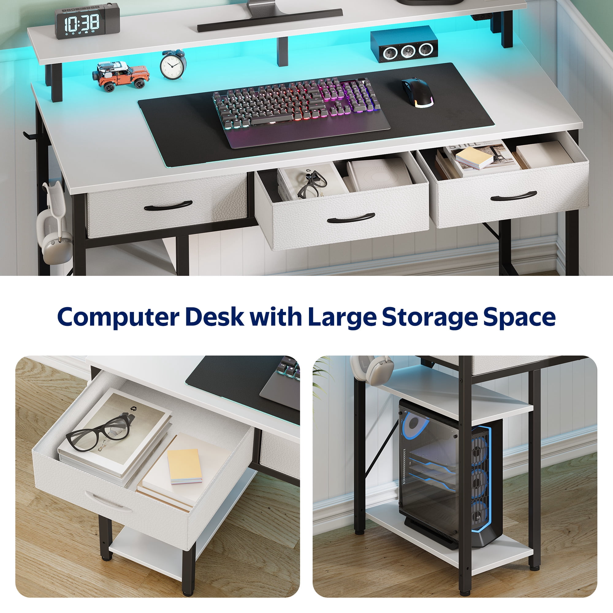 Greenstell 39" Computer Desk with Built-in Outlets & LED, 3-Drawer Office Desk with Monitor Stand, White