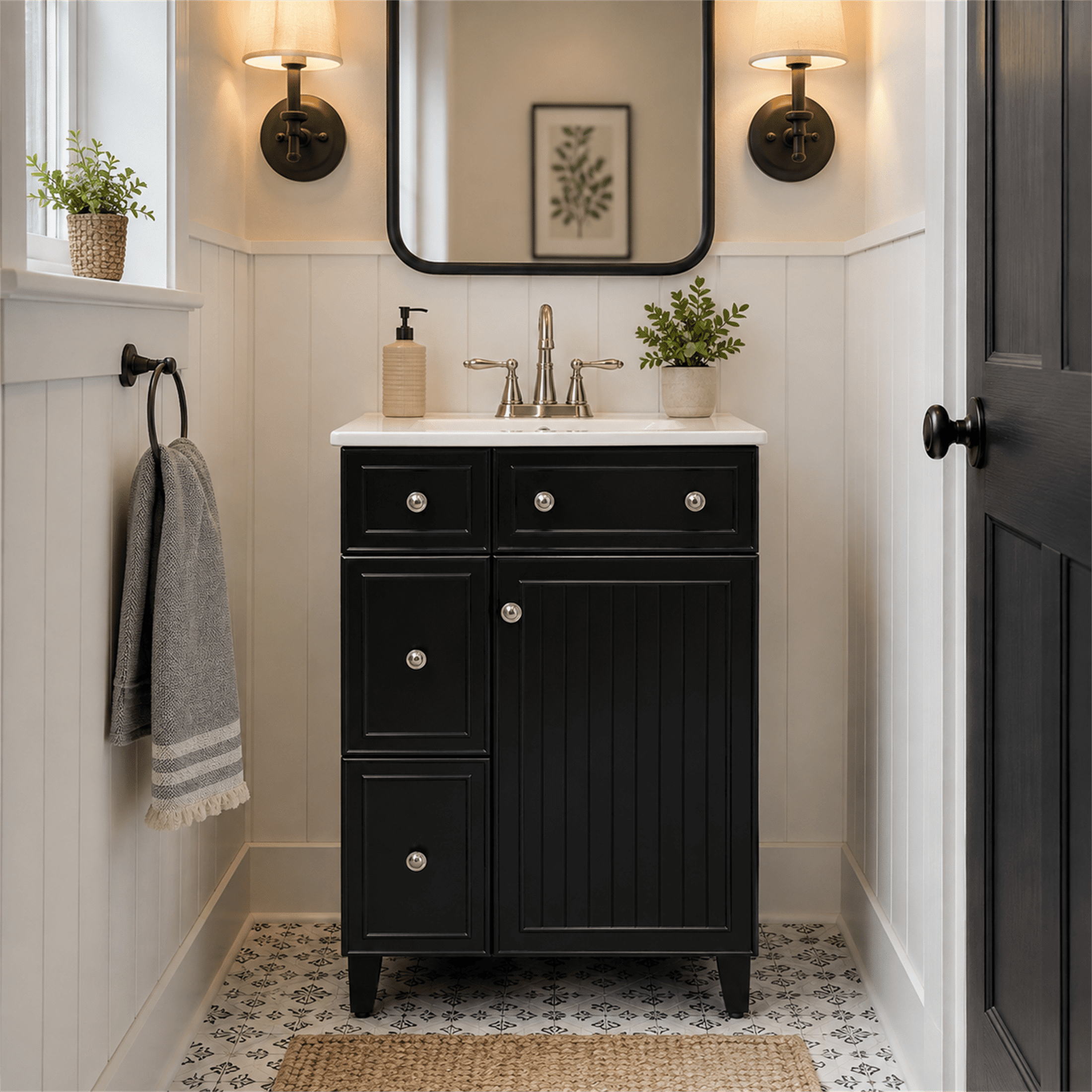 Homy Casa 24 Inch Bathroom Vanity with Sink, Ceramic Top, Drawers and Doors, Black