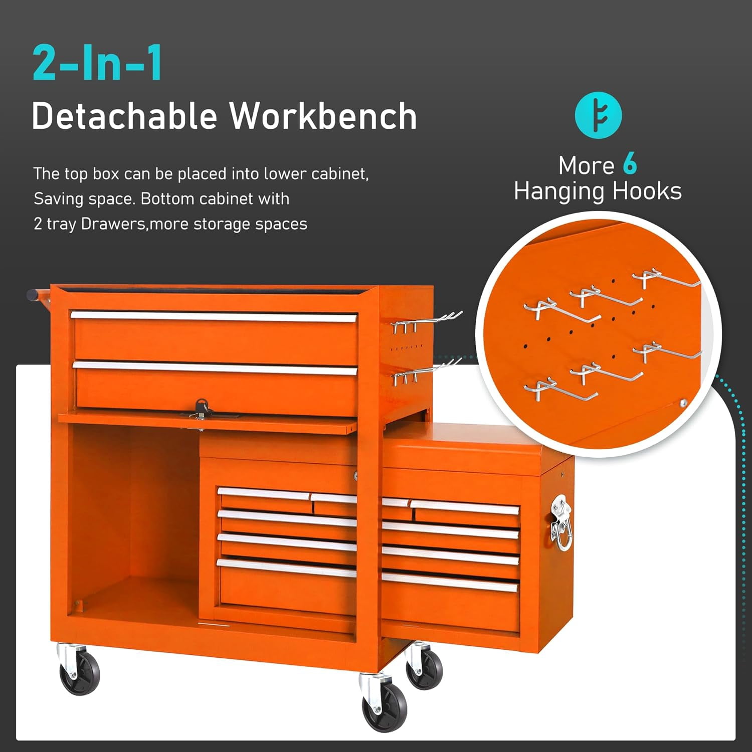 2-IN-1  Tool Chest & Cabinet, Large Capacity 8-Drawer Rolling Tool Box Organizer with Wheels Lockable, Orange