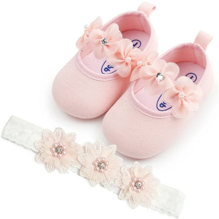 

2pcs Newborn Baby Girl Princess Soft Soled Infants Toddler Shoes Wedding Flower Girl Dress the First Communion Flat Shoes with Flower Belt