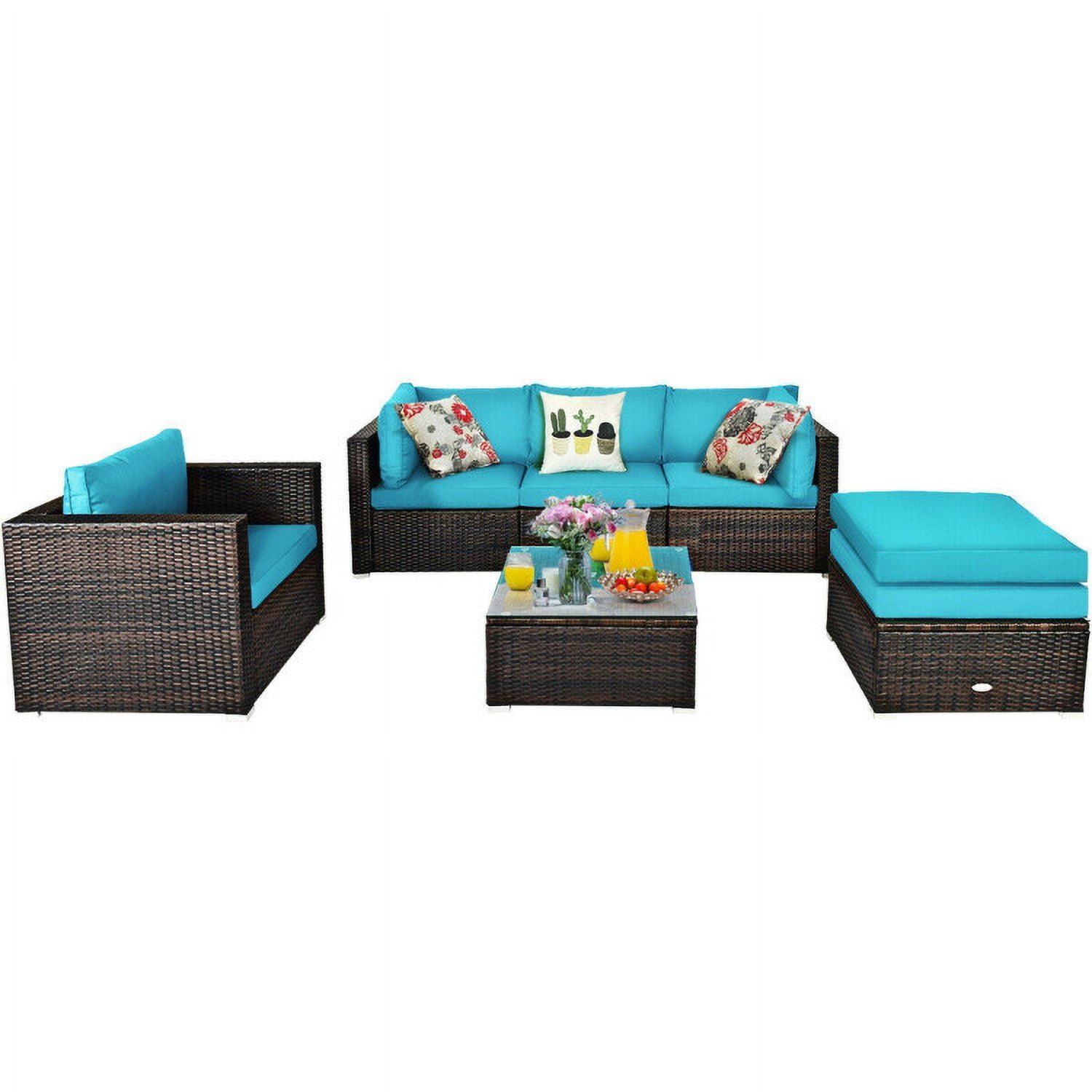 Aimee Lii 6 Pcs Patio Rattan Furniture Set with Sectional Cushion, Outdoor Deck Furniture, Turquoise
