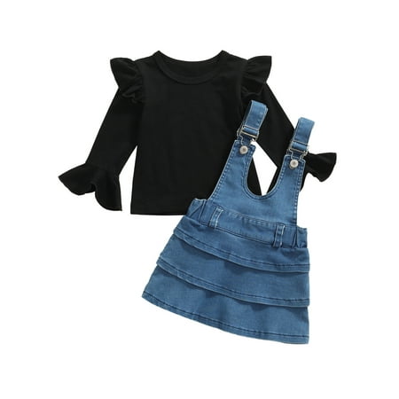 

Canrulo 2Pcs Toddler Baby Girl Clothes Ruffle Long Sleeve Tops + Denim Suspender Overall Skirt Fall Outfits Blue 1-2 Years