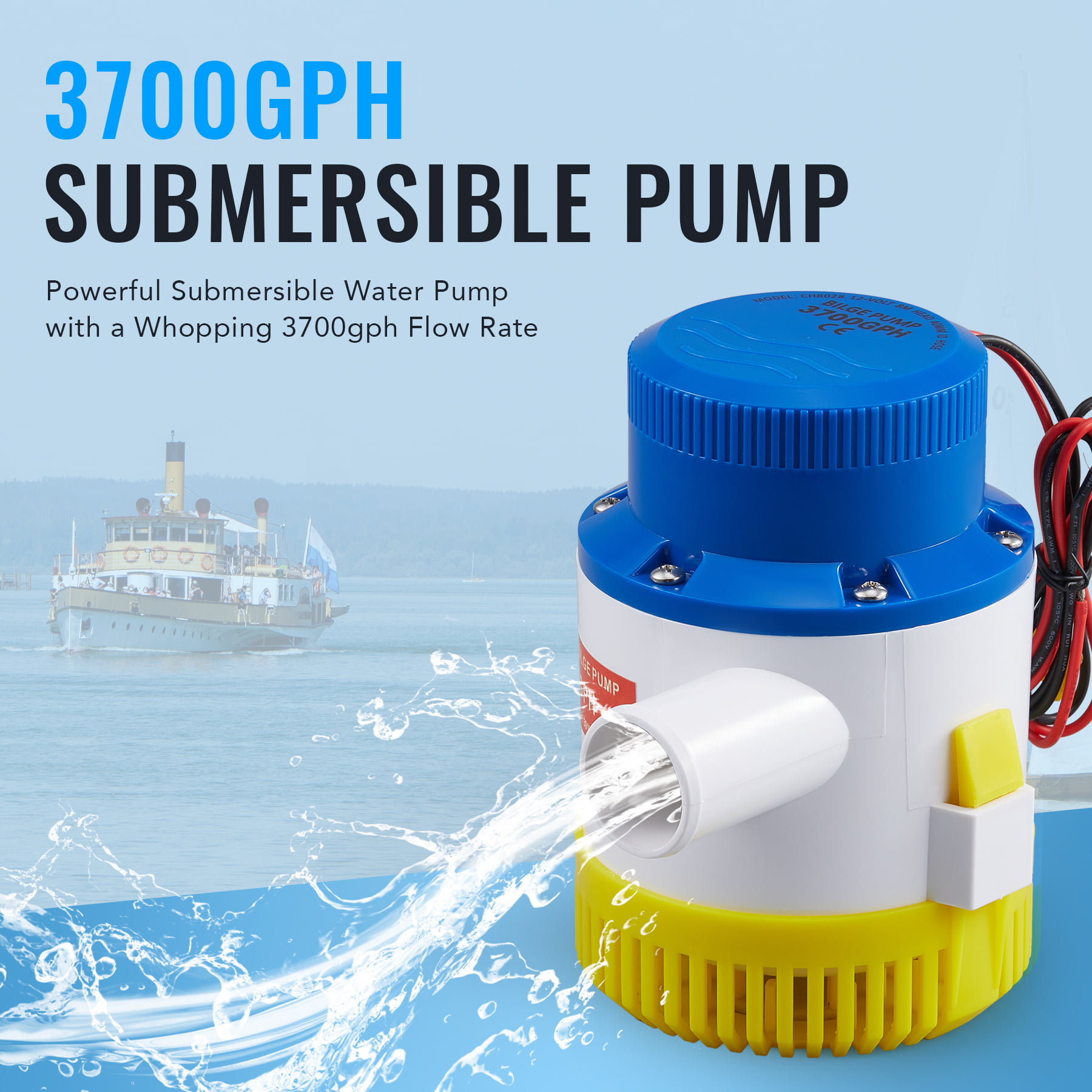 12V Marine Boat Yacht Bilge Sump Pump 12 Volt 3700 GPH Submersible Electric Pump