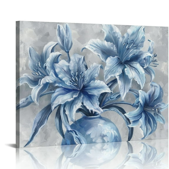 COMIO  Flower Canvas Wall Art Navy Blue Floral Decor Elegant lily flower Painting Picture Prints Home Living Room Bedroom Decor (Blue)