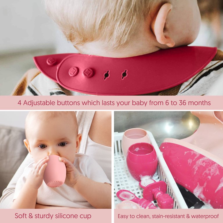 Baby Silicone Feeding Set - Baby Led Weaning Utensils, Silicone Bibs,  Infant Feeding Cups Toddlers Smooth Material For Practical Eating, Set of 8