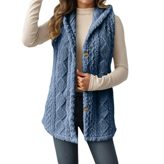 Long Vest for Women Sleeveless Cable Knit Open Front Cardigan Oversized Sherpa Vest Jacket Button Hooded Sweater Coat