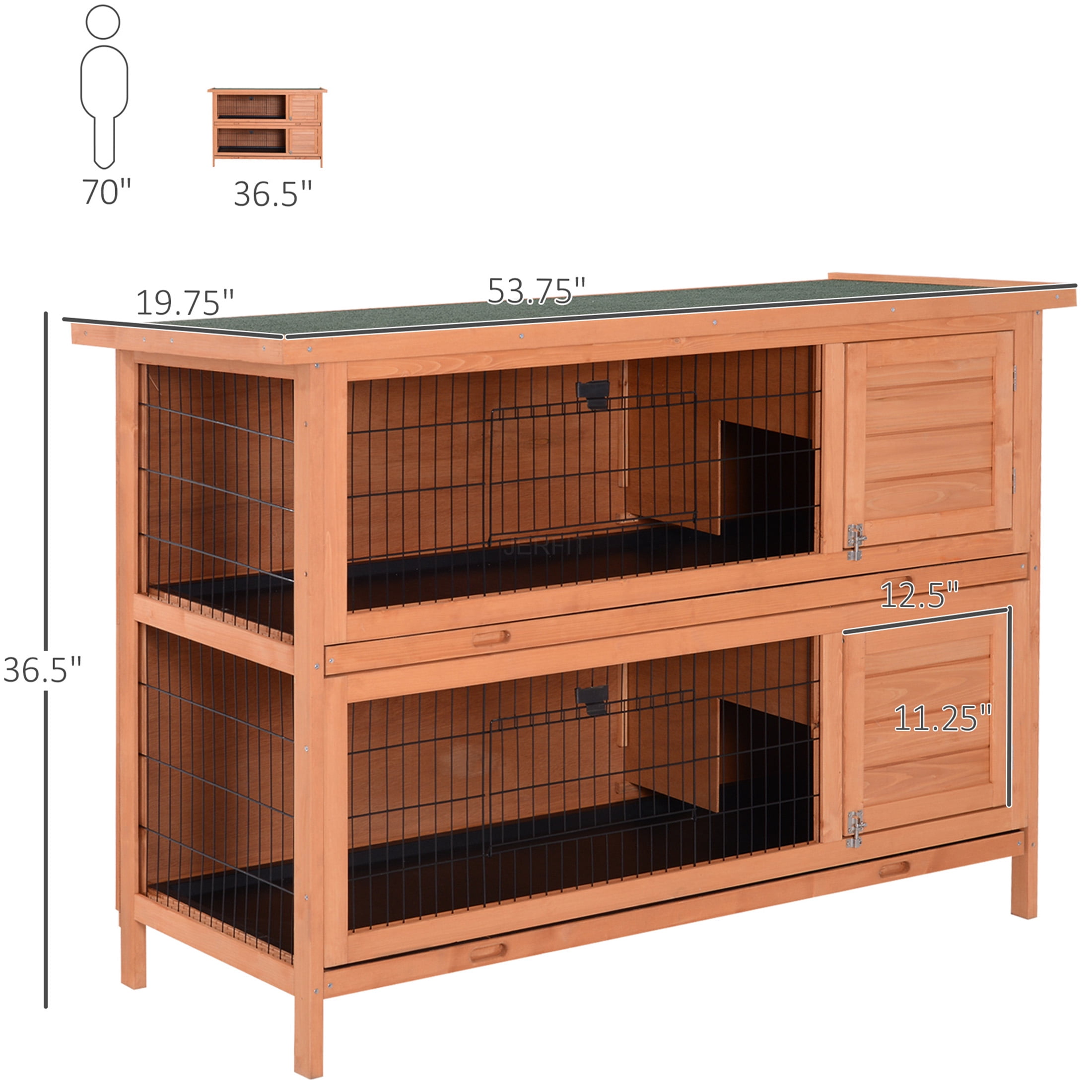 JERFIT 2-Tier Wooden Rabbit Hutch with Outdoor Run, Pull-Out Tray & Waterproof Asphalt Roof, Small Animal Cage House for Rabbits, Guinea Pigs, Bunnies
