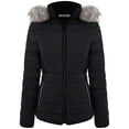 thumbnail image 3 of BodiLover, Women's, Winter Quilted Puffer Short Coat High Collar Jacket with Removable Faux Fur Hood Zipper Vegan Leather Piping, Black, L, 3 of 3