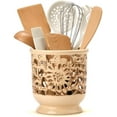 thumbnail image 2 of Farmhouse Kitchen Utensil Holder for Countertop, Ceramic Large Cooking Utensil Crock with Cork Mat, Decorative Rustic Utensil Holder for Kitchen Counter, Hollow Carving Flower, Beige, 2 of 7